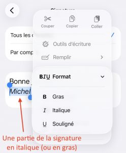 Mettre une partie de la signature en italique (ou en gras) pour forcer le passage en HTML. Par défaut, la signature est en format texte.